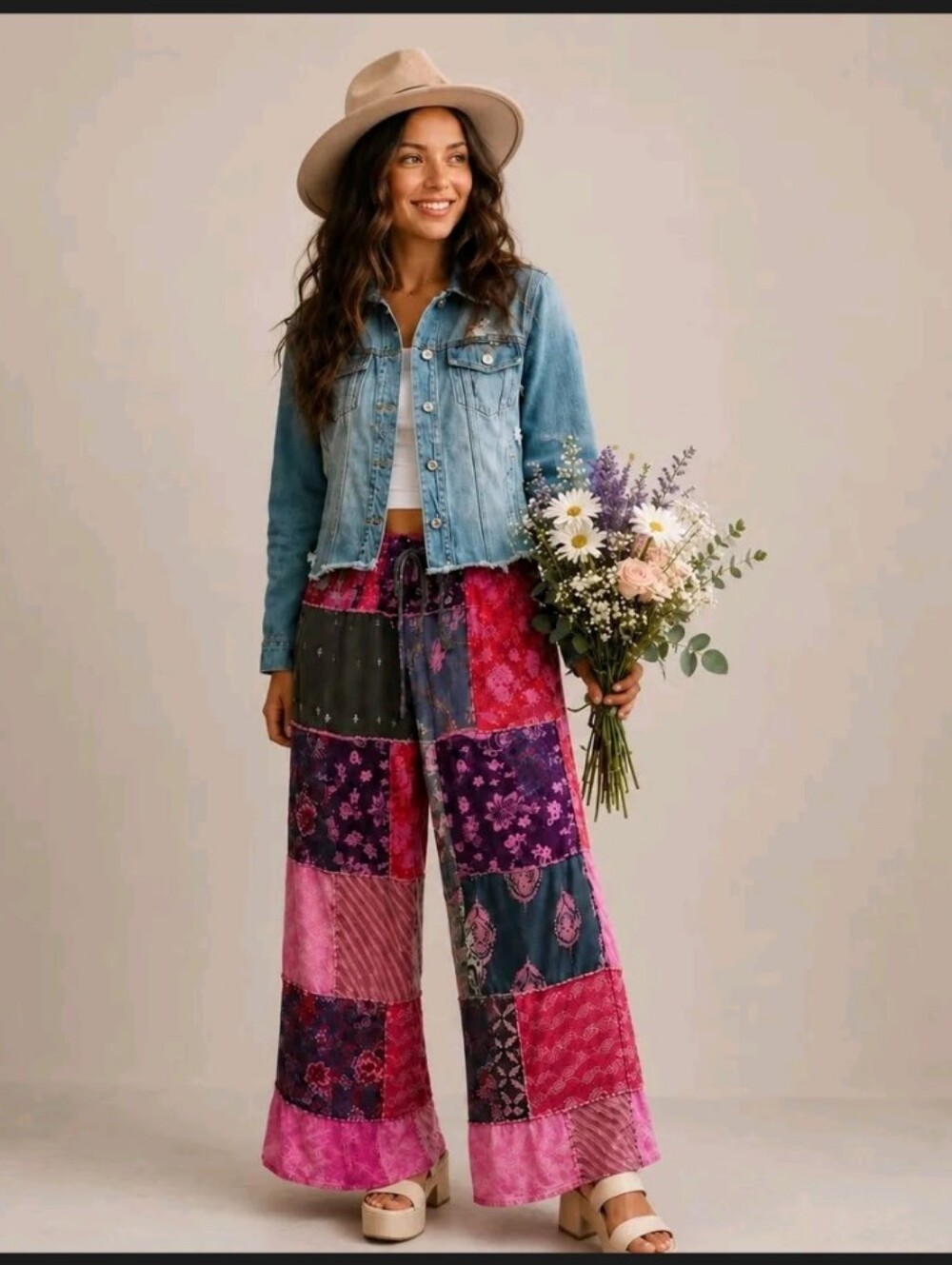 Boho Patchwork Wide Leg Lounge Pants Pink Floral Blanket Stitch One Size